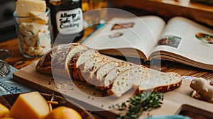 A close-up view of a cutting board with a selection of allergy-friendly ingredients: gluten-free bread, dairy-free