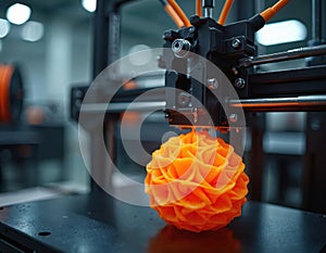 Close-up view of 3D printer creating intricate orange sphere. Machine builds object layer by layer with precision. Technology