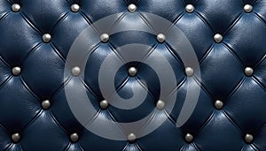 Close-up view of a dark blue leather upholstery with diamond pattern and buttons. Elegant classic design, texture background.