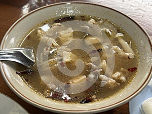 close up view of delicious asian food, Chicken mushroom soup