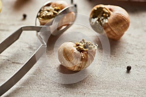 Close up view of delicious cooked escargots with black peppercorn and tweezers on stone background.