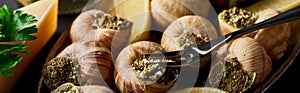 Close up view of delicious cooked escargots with lemon slices on plate with fork, panoramic shot.