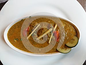 Close up view of delicious cream soup in plate