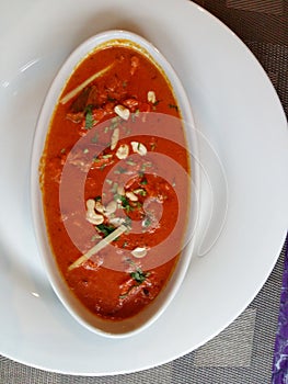 Close up view of delicious cream soup in plate