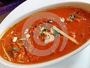 Close up view of delicious cream soup in plate