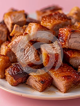 Close up View of Delicious Crispy Pork Belly on a Plate with a Pink Background