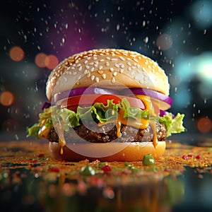 A close up view of a delicious hamburger