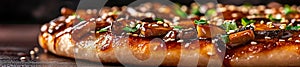 Close-Up View of a Delicious Pizza with Mushrooms and Sesame Seeds photo
