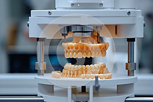 A close up view of a dental 3D printer actively creating a detailed orange resin model of human teeth, demonstrating