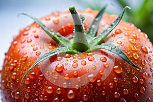 The close-up view of the dewed tomato