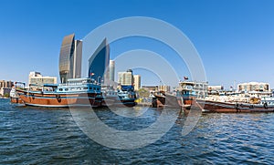 A close up view of Dhow boats moored on the higher reaches of the Dubai Creek in the UAE