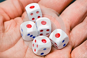 Close up view on dice on the palm. Yahtzee is a dice game. All five dice the same number - one.