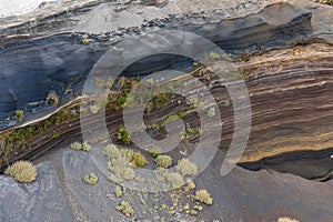 Close-up view of different layers of volcanic ashes at La Tarta, Teide National Park, Tenerife, Spain