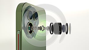 Close up view of digital camera lenses module of modern smartphone, smartphone sensor, optical layout, disassembled lens photo