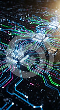 A close-up view of a digital circuit board featuring multiple interconnected microchips