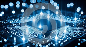 Futuristic Digital Circuit Board - Glowing Blue Technology and Data Processing