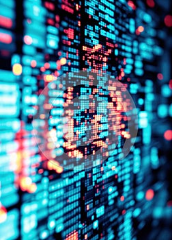 Computer screen with stock market data on display. Blurred background. Digital Matrix Code