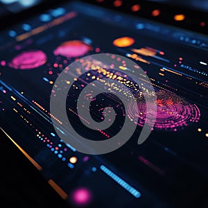 Close Up View of Digital Touchscreen Display Showing Colorful Data Visualizations