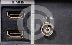 Close-up view on a digital video recorder on the part connectors. Video audio input.