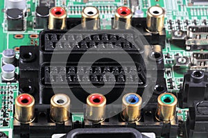 Close-up view on a digital video recorder on the part connectors. Video audio input.