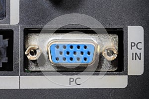 Close-up view on a digital video recorder on the part connectors. Video audio input.