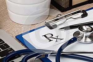 Close-up view of doctor working table photo
