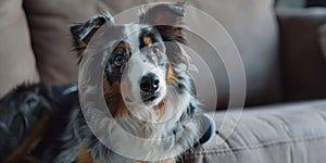 A close-up view of a dog sitting on a couch