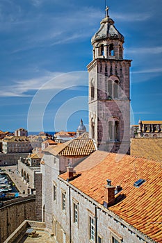 Close up view of the Dominican Monastery bell tower in Old Town Dubrovnik
