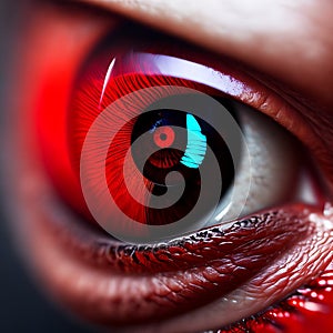 A close-up view of the dragon eye, a red-colored iris with a multi-colored glow.