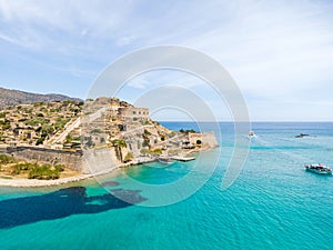 Close-up view by drone of Spinalonga island on Crete, Greece