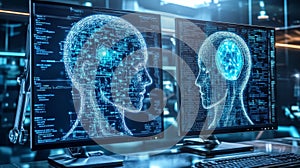 Close up view of dual computer monitors displaying code for ai development and predictive analytics