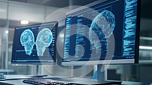 Close up view of dual computer monitors displaying code for ai development and predictive analytics