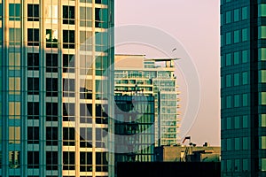 Close up view at dusk of modern office and residential buildings in downtown Los Angeles