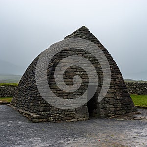 Close-up view of the early-Chrisitian stone church Gallarus Oratory in County Kerry of Western Ireland photo