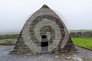 Close-up view of the early-Chrisitian stone church Gallarus Oratory in County Kerry of Western Ireland photo