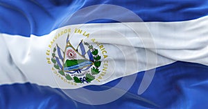Close-up view of the El Salvador national flag waving in the wind