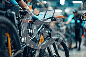 A close-up view of an electric bicycle being serviced at a specialized e-bike center, featuring a mechanic performing diagnostics