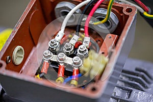 Close-up view of the electrical connections to the motor. Star connection