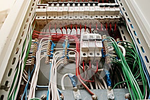 Close up view of electrical panel with fuses and contactors.