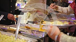 Close up view of element Triangle Buffet Dishes Dinnerware Chafing Dish in the venue event. Move camera shot