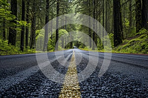 Close-up view of an empty road stretching through a tranquil, lush green forest