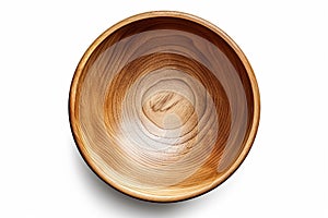 A close-up view of an empty round wooden bowl, created by Generative AI