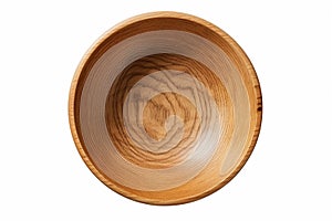 A close-up view of an empty round wooden bowl, created by Generative AI