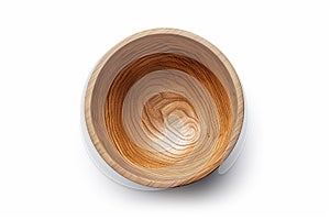 A close-up view of an empty round wooden bowl, created by Generative AI