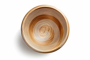 A close-up view of an empty round wooden bowl, created by Generative AI