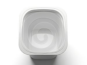 A close-up view of an empty, square-shaped, white plastic container on a white background