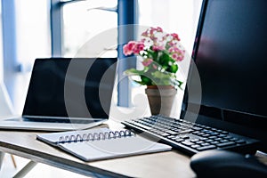 close up view of empty textbook, laptop, flowers in pot, computer, computer keyboard and computer mouse