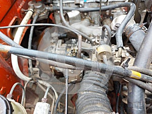 Close-up view of engine bay of a suzuki katana car.