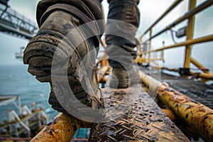 The close up view of engineer working inside factory and focus on boots. AIG43.