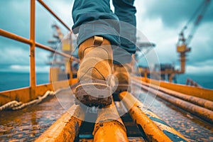 The close up view of engineer working inside factory and focus on boots..